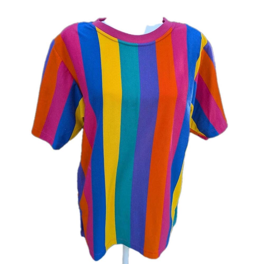 Vintage 90s Hip Pop Unisex Size M Multicolored Rainbow Striped T-Shirt
